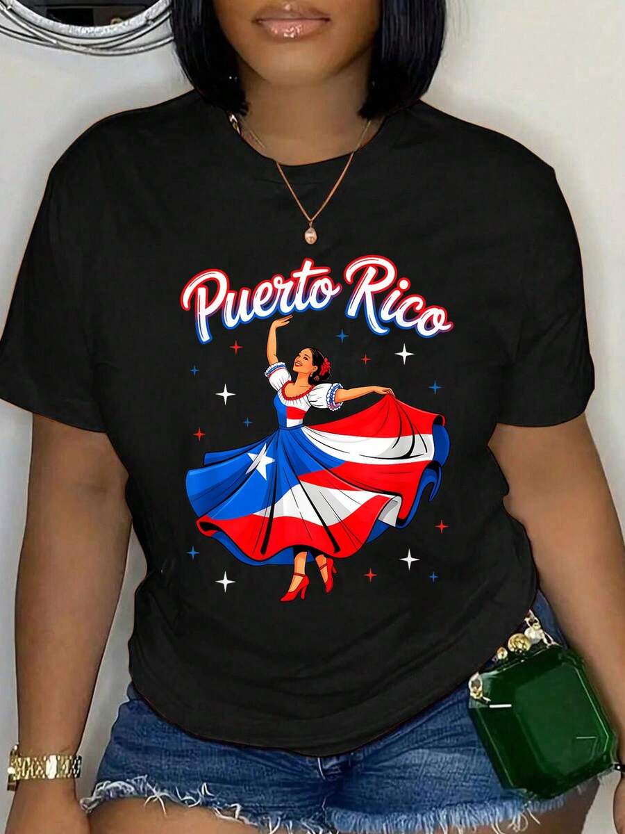 100% Cotton Puerto Rico Flag Heart Love Vacation Trip T-Shirt Women's Men's Oversized Comfort Soft Crew Neck Tee Tops - 黑色4 - 查看 1
