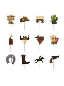 12 Pcs Retro Western Cowboy Cupcake Toppers, Wild West Style Cake Picks, Decorations For Birthday Holiday Party Dessert Table - View 5