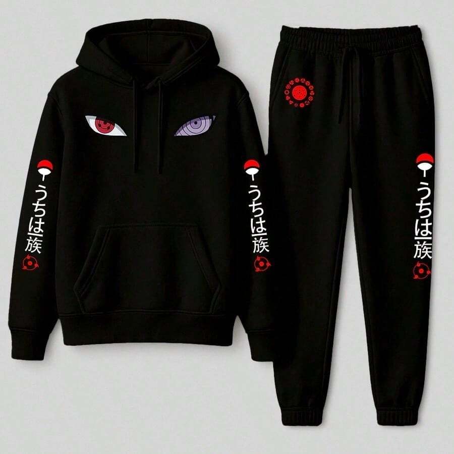 Men's Kangaroo Hoodie Set - Sweatshirt + Sweatpants With Unisex Print - Autumn/Winter - 黑色 - 查看 1