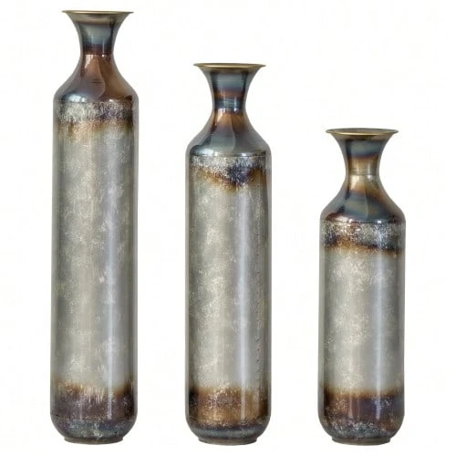 Handmade Metal Vase Set Of 3, Hand-Burned Vintage Look, Floor Vase For Living Room & Hallway, Solid Metal Decorative Vase, Not Waterproof - Gold+White - View 1