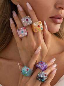 6 piezas/Set de anillos de resina con incrustaciones de strass, diseño geométrico exagerado, colorido, versátil, creativo, único, elegante y de alta gama para mujer, uso diario, joyería para fiestas y vacaciones - Multicolor - Ver 6