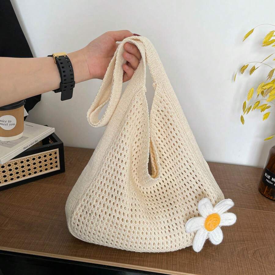Casual Versatile Crochet Knit Large Capacity Shoulder Bag - Beige - View 1