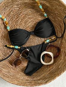 Conjunto de Bikini con Cuello Halter y Amarre en la Espalda para Mujer, Estilo Bohemio con Bloques de Color y Tirantes de Hombro con Cuentas, Adecuado para Vacaciones en la Playa Blan - Negro - Ver 2