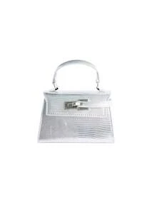 Rollcall Classic Solid Color PU Waterproof Fabric, Diamond Pattern Patchwork Design Chain Square Bag, Twist Lock Closure, Suitable For Travel - Silver - View 2