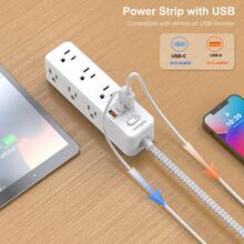 電源延長線防雷插座，5英尺延長線，9個插孔含3個USB埠(1個USB-C埠)，三面插座擴展器，壁掛式設計適用於旅行、居家、學校、大學宿舍及辦公室 - 查看 6