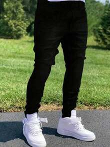 1pc YK2 Plus Size Men's Slim Fit Skinny Jeans Streetwear - Black - View 3