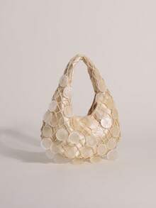 1 buah Tas Tangan Wanita Dekorasi Irisan Cangkang Alami Warna Beige, Tas Bulan Sabit Boho, Tas Pantai Gaya Liburan Irisan Cangkang Duyung Buatan Tangan, Tas Jaring Ikan Bentuk Belah Ketupat, Cocok untuk Sehari-hari, Pernikahan, Pesta, Perjalanan dan Liburan Santai (Irisan Cangkang Mungkin Memiliki Retakan dan Cacat Normal, Itu Wajar) - Aprikot - View 5