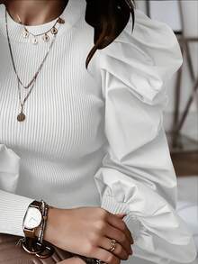 Nuevo modelo 2026:Camisas y suéteres con mangas abullonadas, cuello redondo acanalado y volantes. - Negro - Ver 10