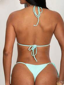 Triangle Bikini With Double Polyamide String Tie-Up Panties - verde menta - Ver 5