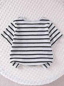 Girls' Retro Striped Set, 3D Bow Tie Short Sleeve Top + Flared Pants 2-Piece Outfit, Suitable For Daily, School, Birthday Party, Korean Style Ins, Etc. (Neckline Drawstring Random Color) - Multicolor - View 5
