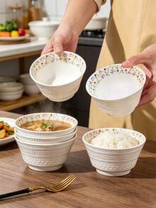 2/4 piezas Tazones de cerámica con relieve floral, de 4.5 pulgadas, tazones de sopa y ensalada con estampado floral de estilo Ins, tazones de pasta de alta calidad, tazones de arroz para restaurantes, juego de vajilla para reuniones familiares, fiestas de cumpleaños, aptos para lavavajillas y microondas - Multicolor - Ver 11