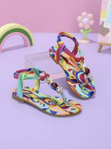 1 Pair Girls Rainbow Print Thong Flat Sandals With Pearl & Rhinestone Decor, Slip-On Design For Daily Wear - Multicolor - View 1