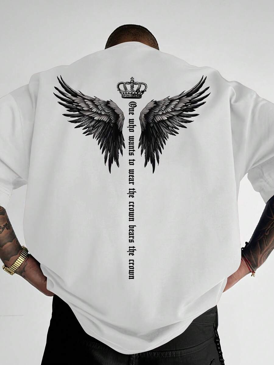 Men's Crew Neck T-Shirt, Streetwear Style, Loose Fit And Patterned - 白色 - 查看 1