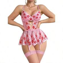Lilosy Sexy Stocking Rhinestones Heart Garter Underwire Floral Mesh Lace Sheer Babydoll Lingerie Teddy Bodysuit Skirt Set - 唇粉 - 查看 3