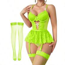 Lilosy Sexy Stocking Rhinestones Heart Garter Underwire Floral Mesh Lace Sheer Babydoll Lingerie Teddy Bodysuit Skirt Set - 螢光綠 - 查看 1