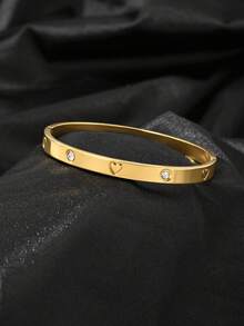 Set Gelang Berlian Imitasi Berbentuk Hati Berlapis Emas 18K dari Baja Tahan Karat, Gelang Terbuka Tembaga dengan Zirkonia Kubik, Modis untuk Pemakaian Sehari-hari dan Hadiah untuk Wanita - Emas - View 7