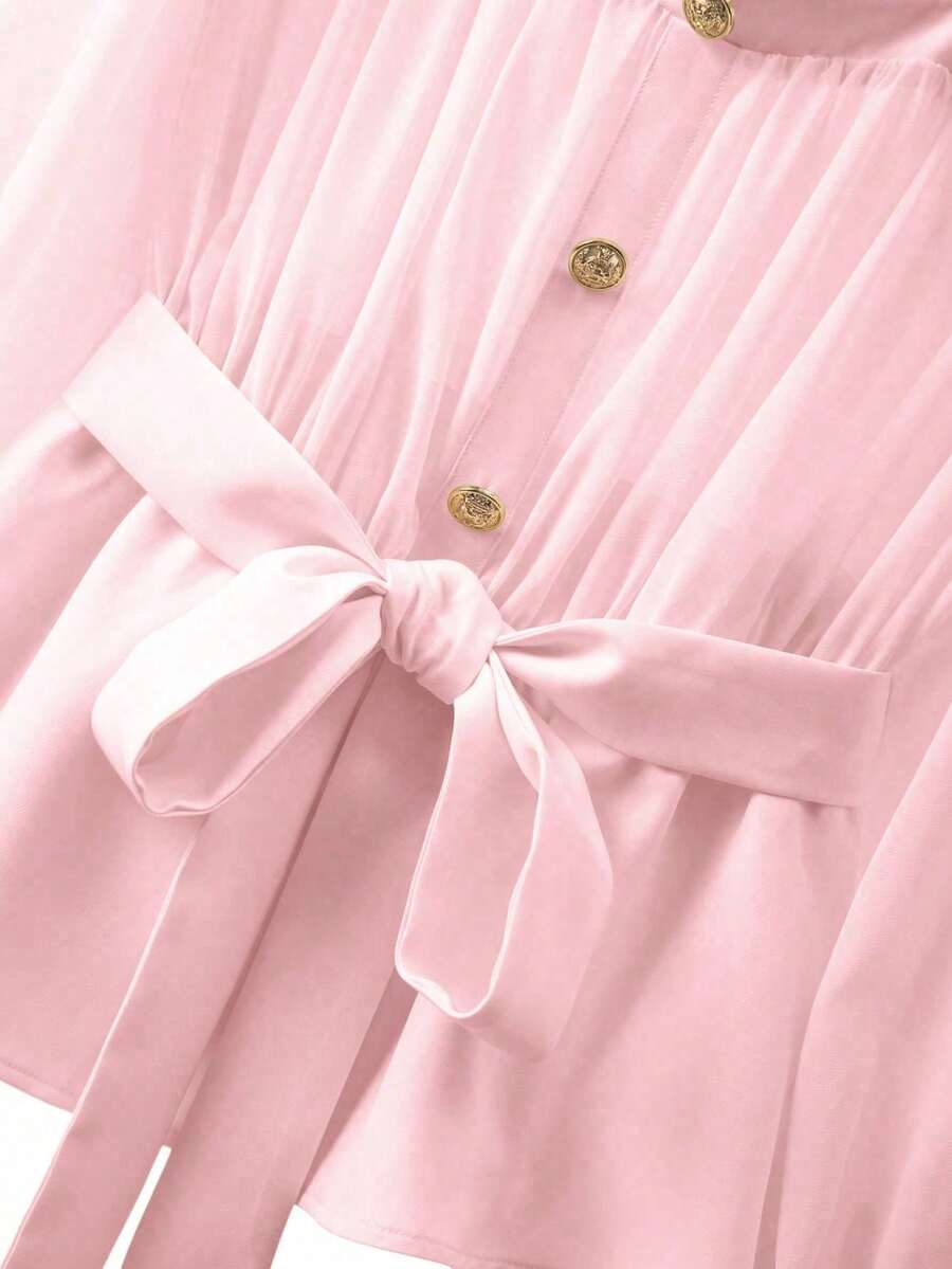 Women's Regular Size, Semi-Sheer Chiffon Top, Solid Color Knit Material, Decorative Gold Metal Buttons, Waist Tie. Elegant And Sexy Chiffon Blouse For Women. - 淡粉紅色 - 查看 1
