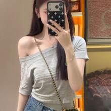 Women's Pink Short-Sleeved Shirt, New Summer Style, Unique Design, Luxurious Feel, Waist Ribbon Design, Pullover Top. - Grey - View 1