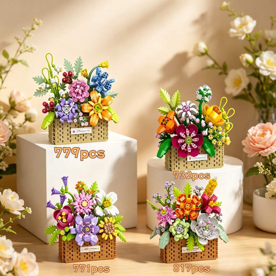 多款微粒積木花籃6件組,732pcs/757pcs/771pcs/886pcs多粒成人組裝花籃,DIY組裝療癒花籃,手工3D花籃,桌面節日溫馨裝飾,適合積木愛好者、收藏家、家居裝飾、藝術收藏。減壓療癒組裝積木玩具,畢業季/母親節/情人節/女孩禮物/復活節/週年紀念/好友/老師/其他重大節日禮物推薦。 - 彩色 - 查看 1