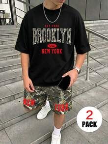 2pcs/Set Boys' Outfit, NEW YORK Theme Graphic Loose Top + All-Over Dried Leaf Print Shorts, Comfortable And Soft, Suitable For Summer And Sports - Multicolor - View 2