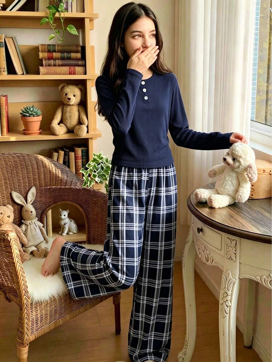 Frühling/Herbst Mädchen Lässig Dunkelblau Rundhals Langarm Top + Karomuster Lange Hose Pyjama 2-teiliges Set, Weicher Stoff, Lässige Hauskleidung - marineblau - Übersicht 1