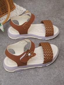 1 Pair Girls' Summer Flat Casual Outdoor School Open Toe Soft Sole Hook And Loop Woven Cute Comfortable Kids' Sandals - Brown - View 5