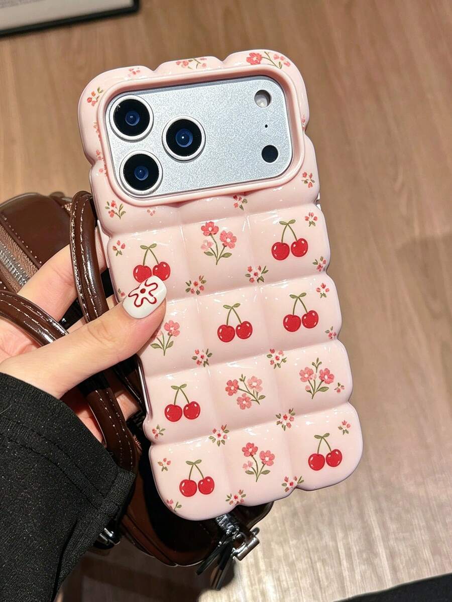 1pc, Summer Pink Cherry Blossom Flower Phone Case, Puff Air Cushion Shockproof Soft Shell With Matching Flower Lanyard, Compatible With IPhone 17/16/15/14/13/12/11 Pro Max, Girly Ins Style Phone Protective Cover, Same Style - Pink - View 1