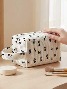 1pc Dog Paw Prints Print Corduroy Pouch With Handle ,Makeup & Toiletry Bag, Zipper Closure. Foldable, Durable, Multi-Use For Travel, Daily & Students - Multicolor - View 10