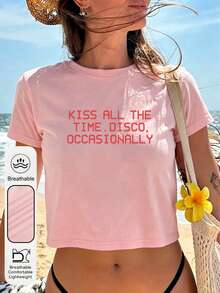 Top casual de verano para mujer estilo Y2K con estampado Kiss All The Time/Disco Occasionally, cuello redondo y manga corta, color rosa - Rosa - Ver 4