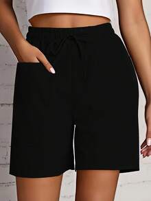 New 2026 Model: [Drawstring Shorts] 2-Piece Women's Casual Shorts Set With Drawstring And Pockets In Solid Color - Blue+Orange - View 9