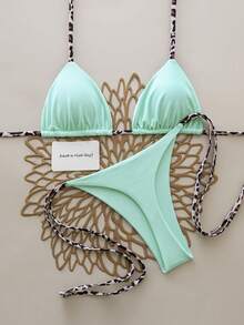2pcs Baju Renang Bikini Seksi Model Halter Motif Leopard untuk Wanita, Cocok untuk Liburan Musim Semi & Musim Panas di Pantai - Aprikot - View 5