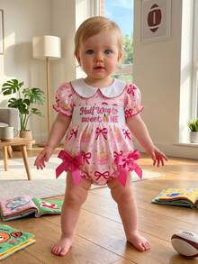 Mono de medio cumpleaños para niña con lazos, estampado de cupcakes, cuello de muñeca, mangas abullonadas, body tipo burbuja fruncido para verano y primavera. - Rosa - Ver 4