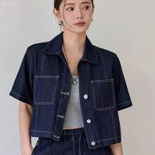 yonghongmaoyi1  Chaqueta vaquera de mujer de manga corta con bolsillo parche, estilo informal, lavada, con botones, para el verano - Azul - Ver 10