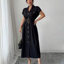 Vestido camisero casual de mujer de unicolor, de manga corta, con cuello de solapa y abotonadura sencilla hasta la mitad del muslo - Caqui - Ver 7