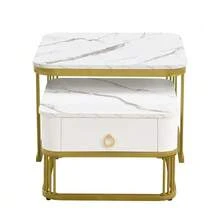 Stackable Coffee Table: Glossy Marble Look, Gold Details, Side Table With Drawers. Set Of Two Pieces. - White - View 8