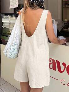 DORISS Đồ liền thân không tay màu mơ, quần ngắn rộng chất liệu linen phong cách thường ngày dạo phố, công sở & du lịch mùa hè - Màu be - Xem 5