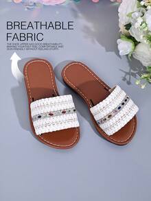White Braided Girls' Colorful Rhinestone Slide Sandals, Summer Beach Vacation Casual Versatile Beach Shoes - White - View 2