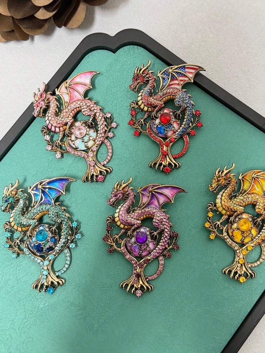 Luxury Charms Hollow Dragon Brooch For Women Elegant Rhinestone Pin Clothing Corsages Charming Jewelry Vintage Party Accessory - Purple - View 1