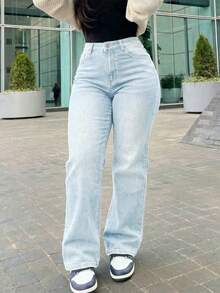 Women's Vintage-Style Wide-Leg Straight-Leg Jeans, Casual For Spring - 輕柔的洗滌 - 查看 6