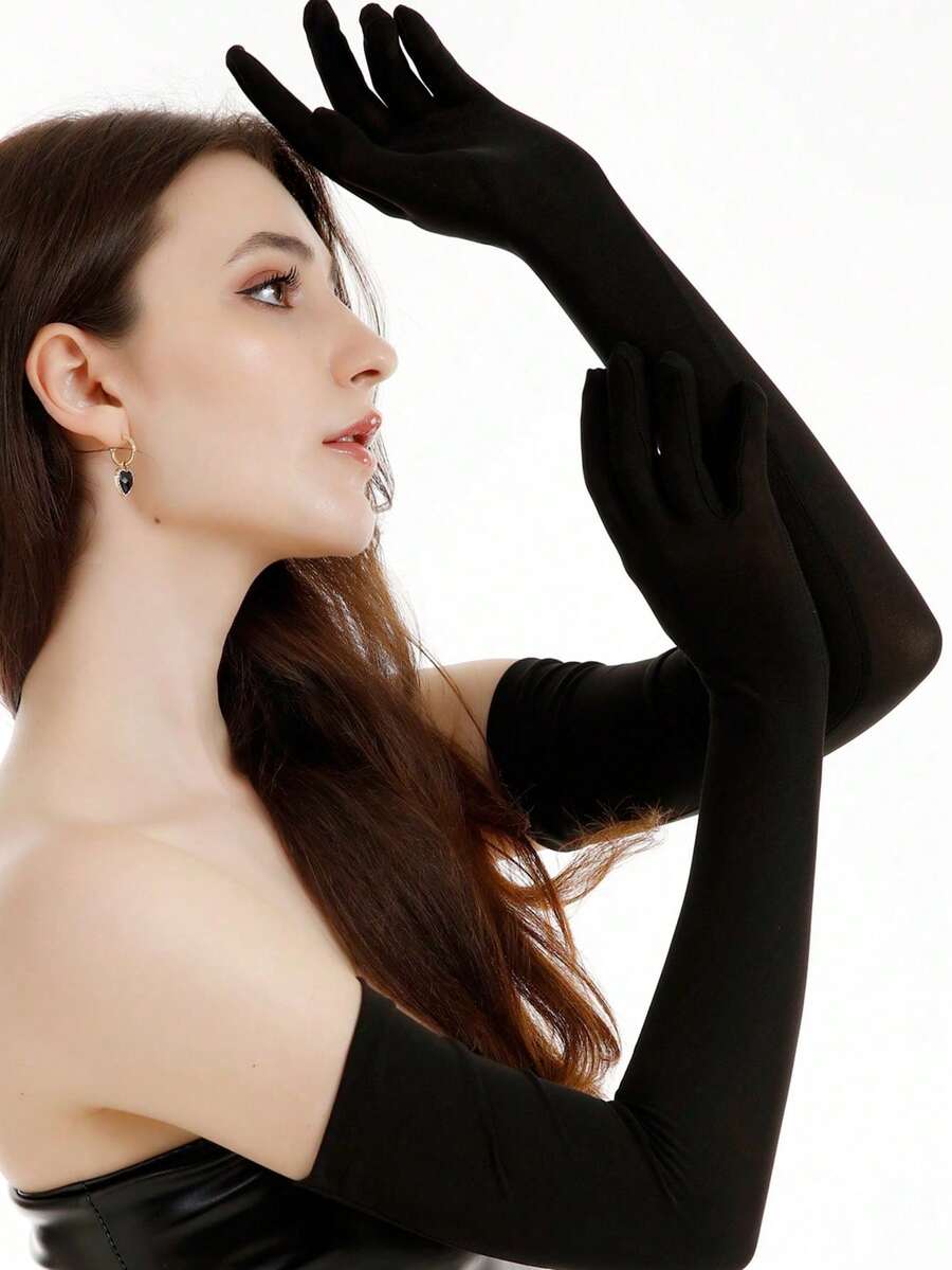 1 Pasang Manset Lengan Tanpa Jari Panjang Minimalis Serbaguna Tipis Elastis Lembut, Cocok Untuk Pernikahan, Pesta, Pertunjukan Panggung - Hitam - View 1