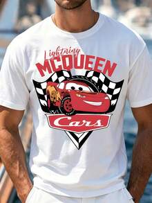 Disney Cars Lightning McQueen 95 Racing Flag Print T-Shirt, Unisex Casual Loose Cotton Crew Neck Tee, White - 白色 - 查看 4