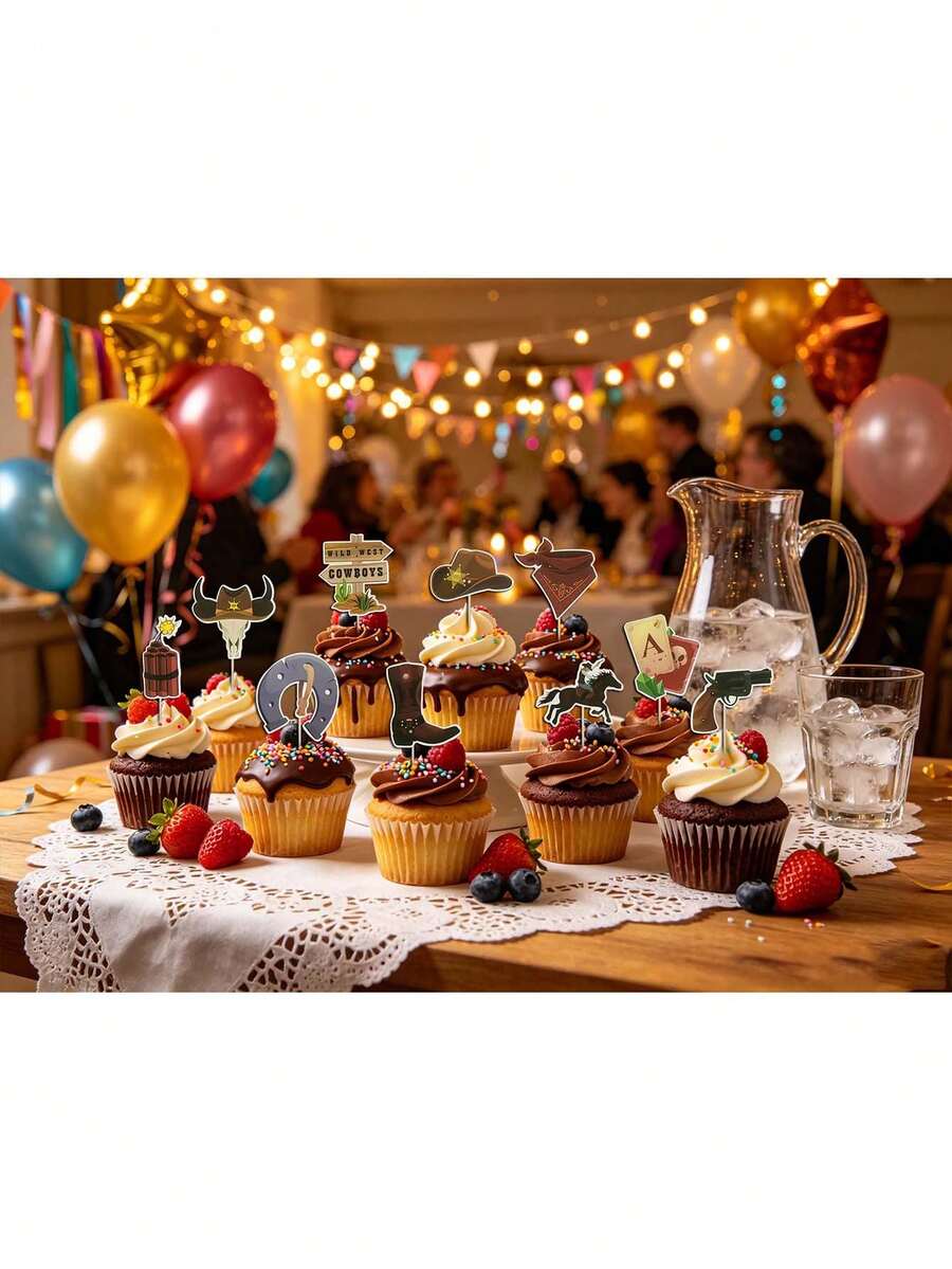 12pcs Vintage Western Cowboy Cupcake Toppers, Wild West Style Cake Picks, Birthday Holiday Party Dessert Table Decoration - View 1