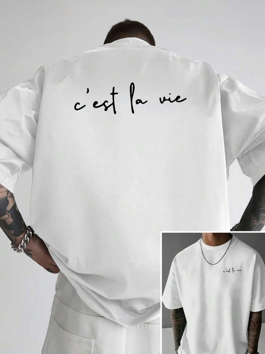 Men's Off-The-Shoulder T-Shirt, Double-Sided Design "Life As A Play", Loose-Fitting Men's T-Shirt, And Fashionable Men's Clothing, A Must-Have. - 白色 - 查看 1