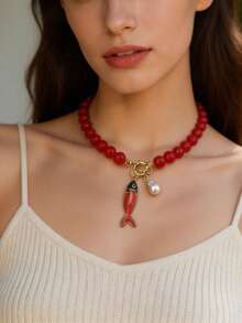 ZA Collar de mujer con colgante de pez pintado a mano y cuentas| Estilo bohemio náutico multicolor Regalo de Pascua Joyería para fiesta en la playa - Pez de metal C - Ver 3