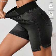 xuehuamaoyi02  Tall Pantalones cortos de mezclilla elásticos y ajustados de estilo casual para mujer, color azul - Negro01 - Ver 1