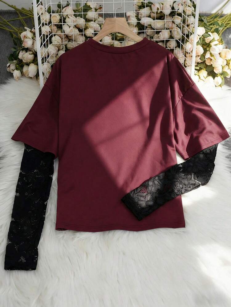 Vintage Loose T-Shirt + Lace Long Sleeve Niche Layered Spicy Sweet Style Slimming Top For Women Casual - Red - View 5