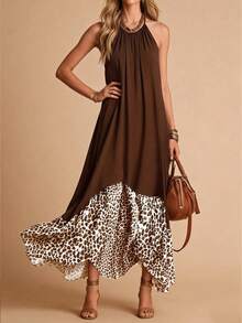 Elegaris Women's Long Dress For Spring And Autumn, Halter Neck Design, Solid Color And Leopard Print Patchwork, Casual Vacation Dress Elegant - Brown - View 5