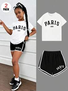 2pcs/Set Girls Casual Outfit, Round Neck Short Sleeve Top + Sports Shorts, Printed With "PARIS" Letter, Comfortable And Soft, Suitable For Summer Wear - Multicolor - View 2