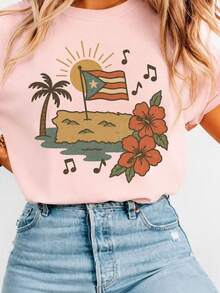 Women's Cute Casual Cotton T-Shirt, Short Sleeve Round Neck, Summer Vacation Graphic Print Top For Everyday Style - 粉色 - 查看 1