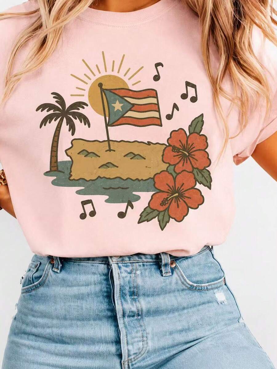 Women's Cute Casual Cotton T-Shirt, Short Sleeve Round Neck, Summer Vacation Graphic Print Top For Everyday Style - 粉色 - 查看 1